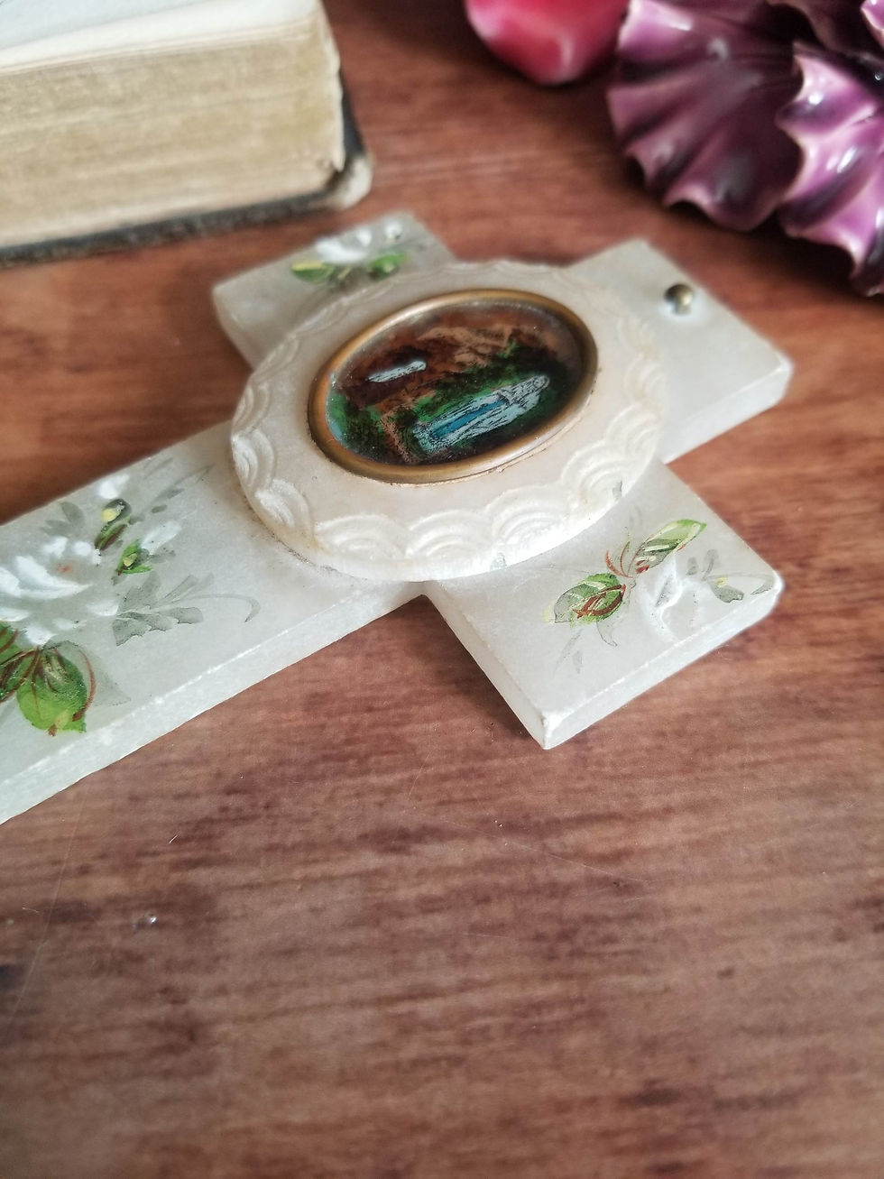 Thumbnail: French antique alabaster wall cross with Lourdes painting medallion.