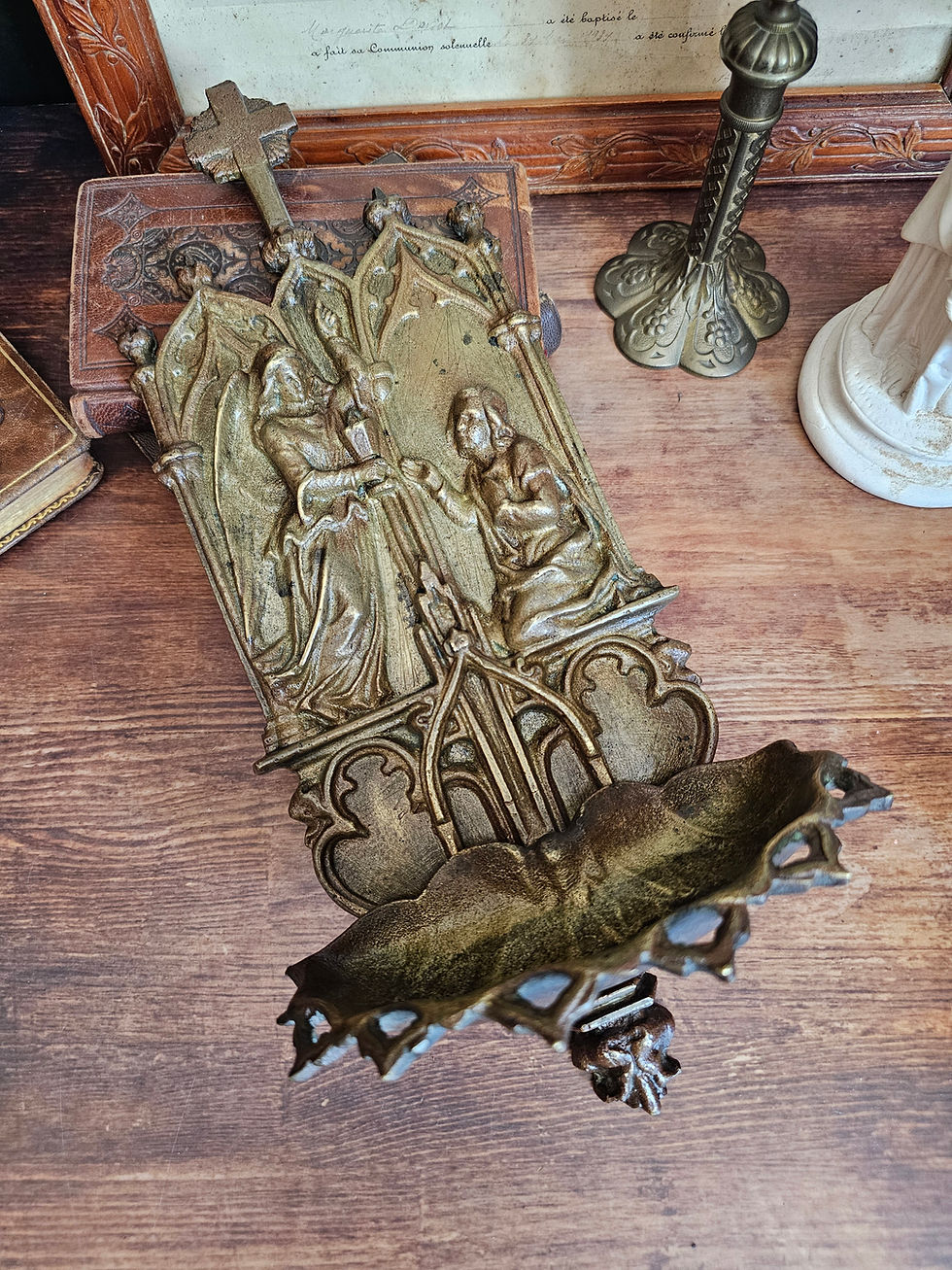 Rare large antique Holy water font with an angel holding a chalice cast Charleville