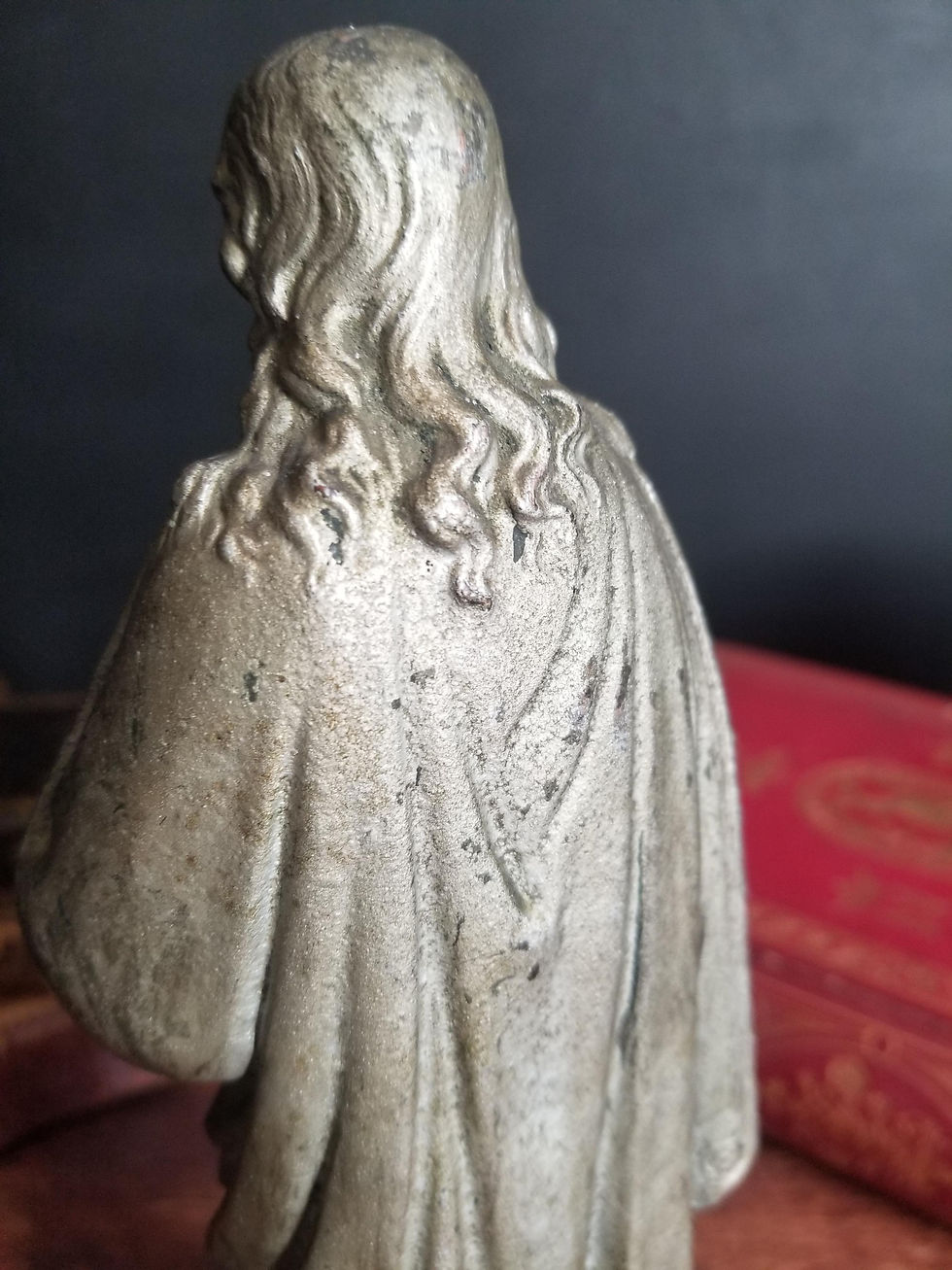 Thumbnail: French antique Sacred Heart of Jesus silver painted metal statue.