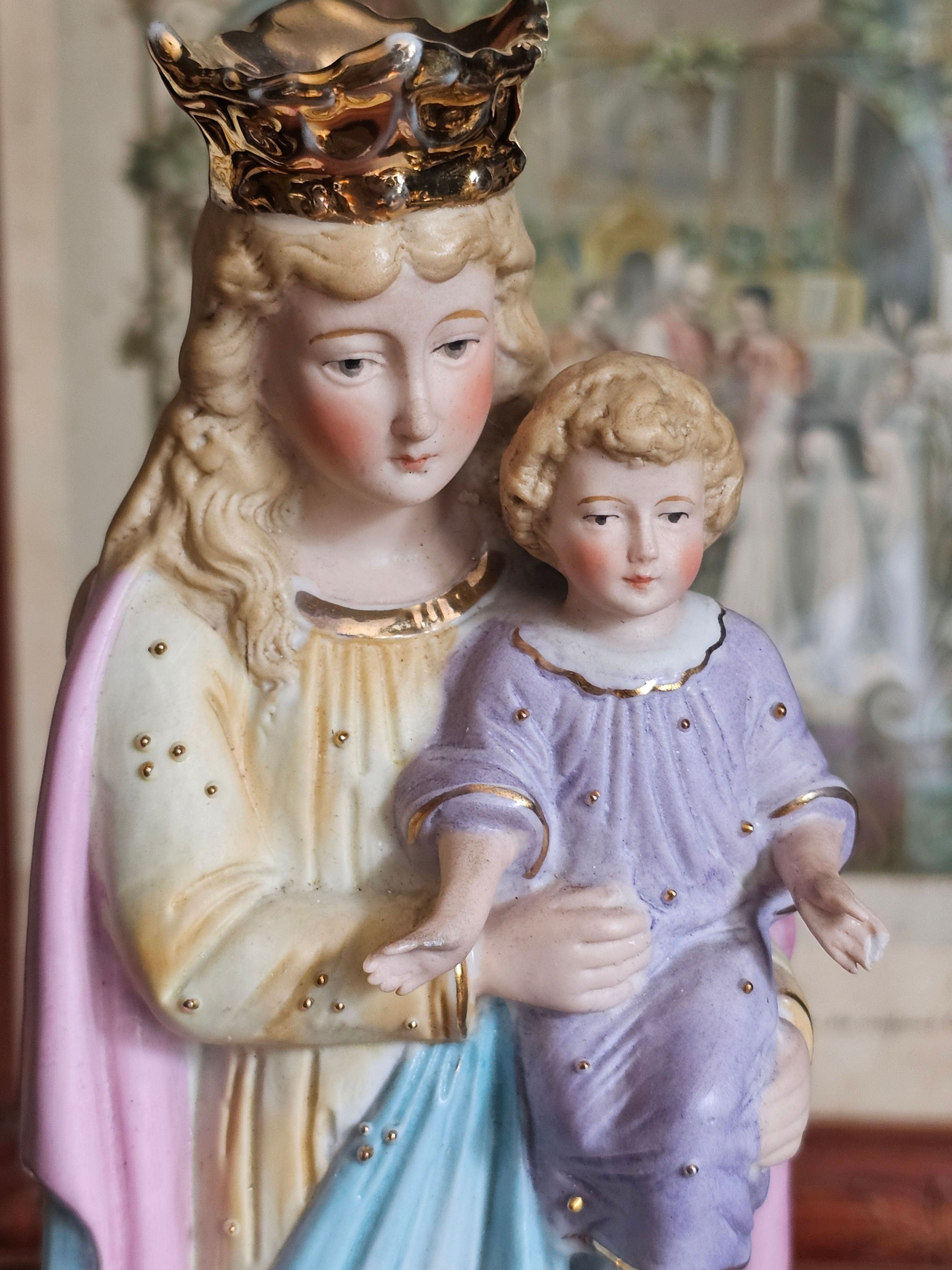 Virgin Mary with Infant Jesus painted bisque porcelain statue