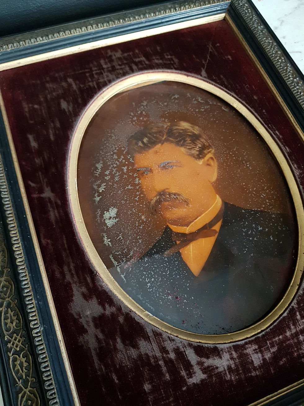 Antique reverse painted portrait from photograph. Signed Fourié.