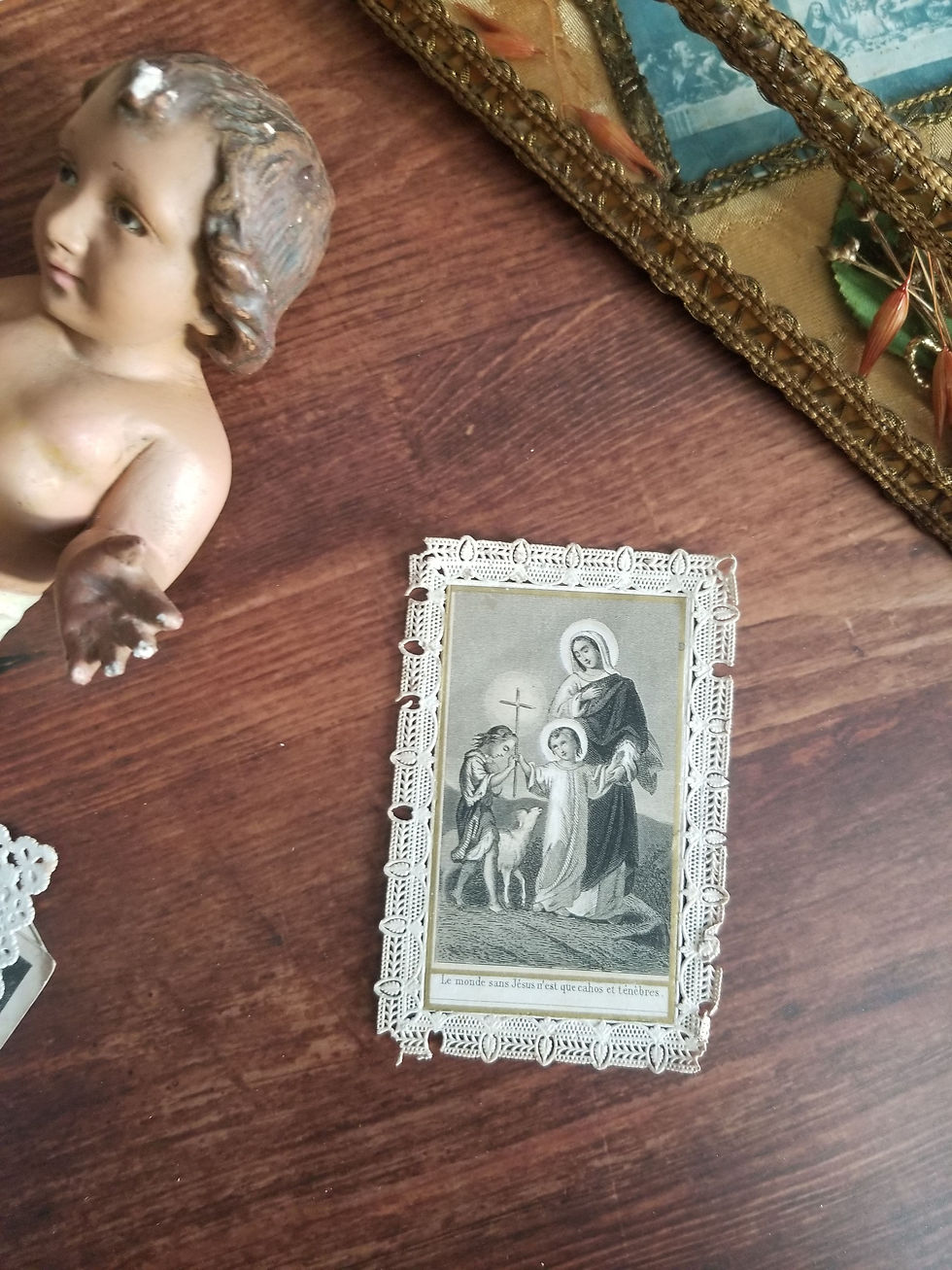 French antique Holy prayer card with lace cut paper Infant Jesus and Mary
