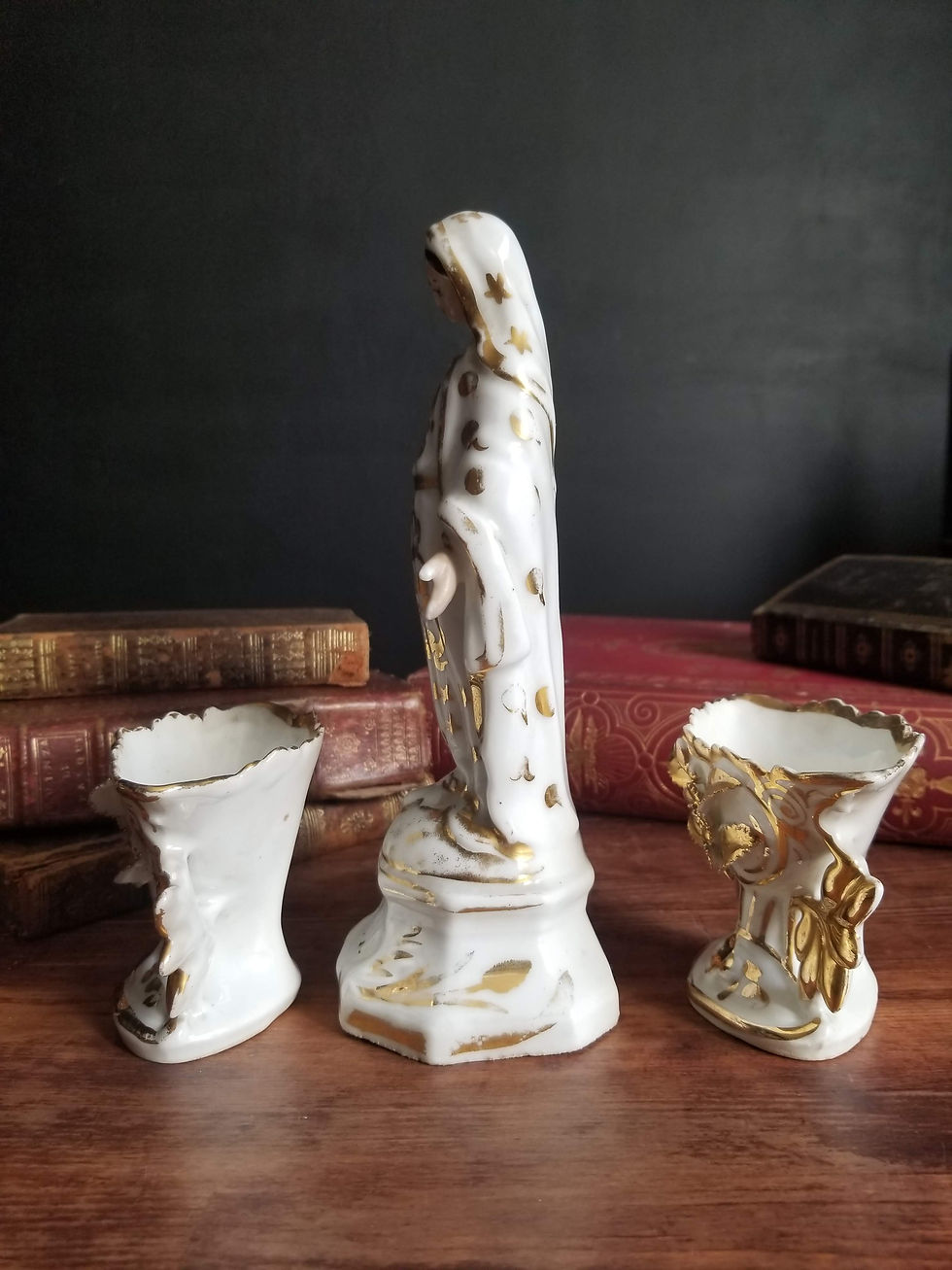 Miniature : Antique Virgin Mary porcelain statue and pair of church altar vases for weddings 19th century