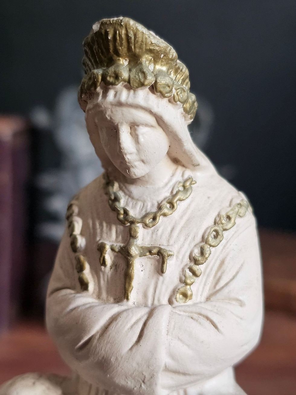 Thumbnail: Small antique Our Lady of la Salette plaster statue with gold painted details.