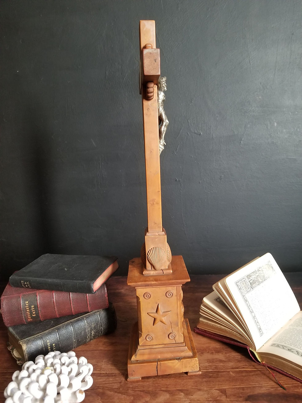 Thumbnail: Unusual French antique altar crucifix in lemon tree wood dated 1892.