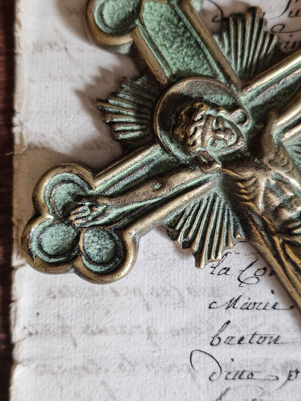 Thumbnail: Vintage French small patinated bronze wall crucifix signed by Max Le Verrier