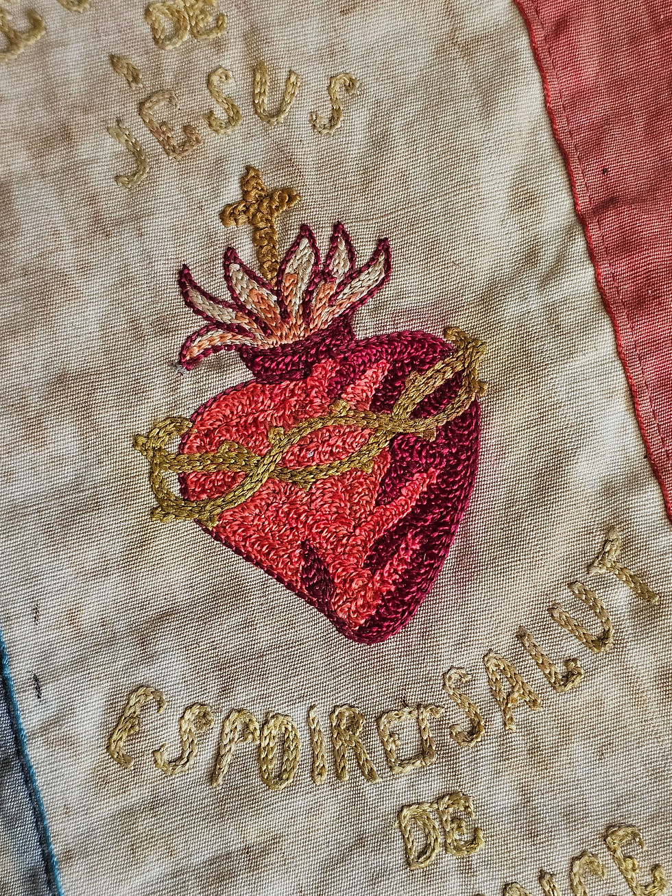 Thumbnail: French antique Sacred Heart flag with WWI military ribbons and St Therese relic