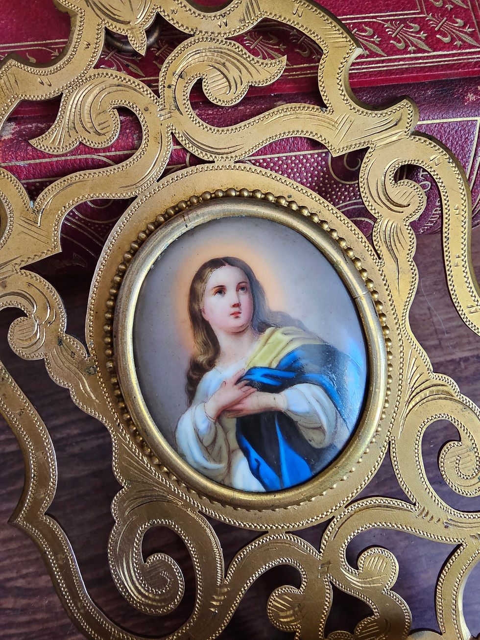 Miniature : Antique metal Holy water font with Virgin Mary painted porcelain medallion