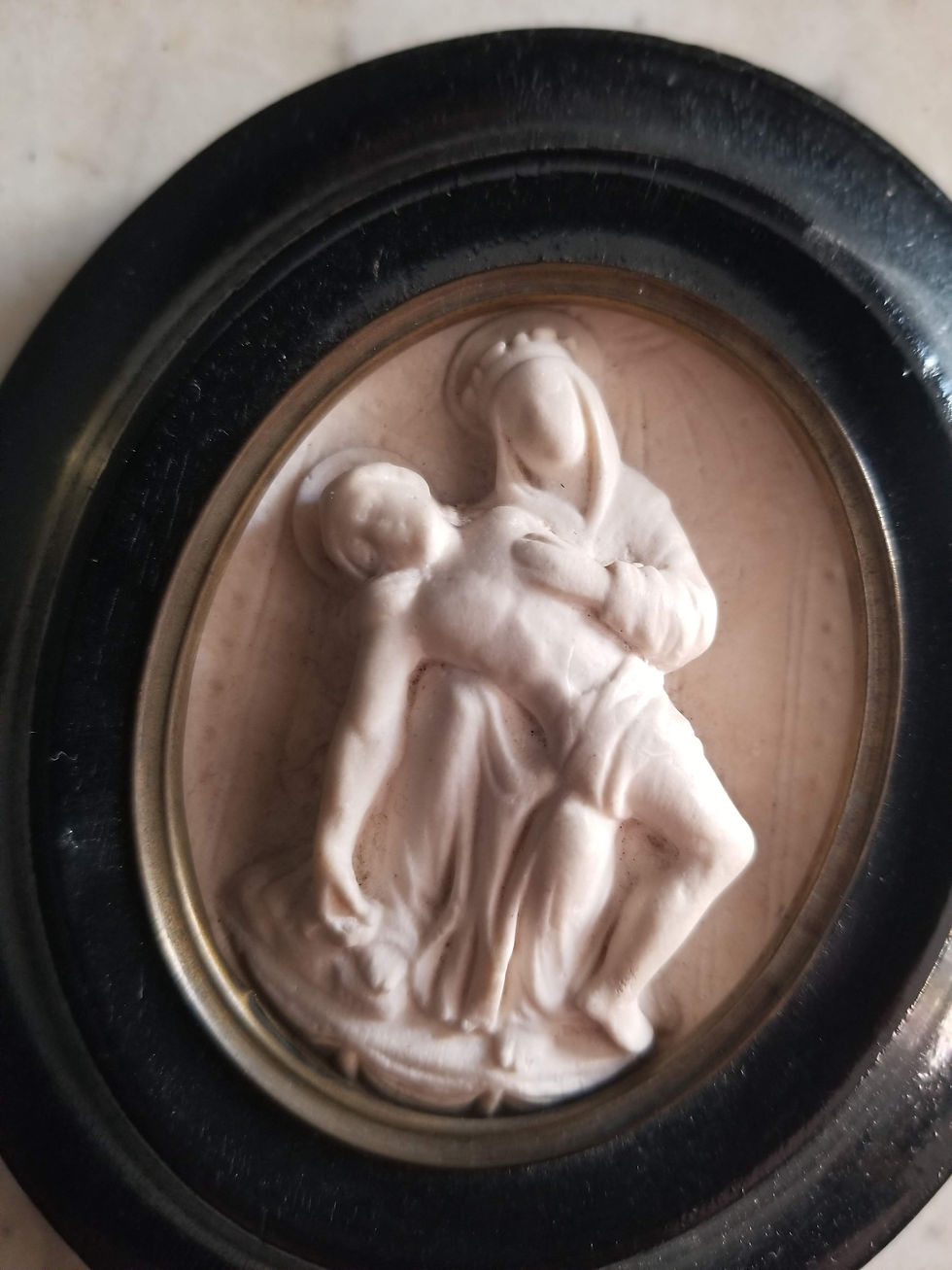 French antique carved Pieta in Napoleon III oval frame meerschaum