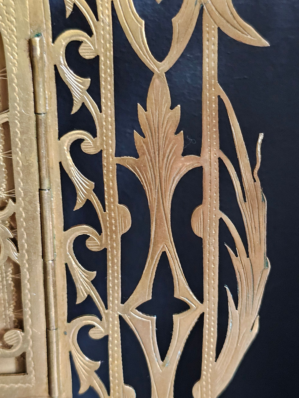 Thumbnail: Large antique religious cut brass frame with doors - Chalice, Host and leaf