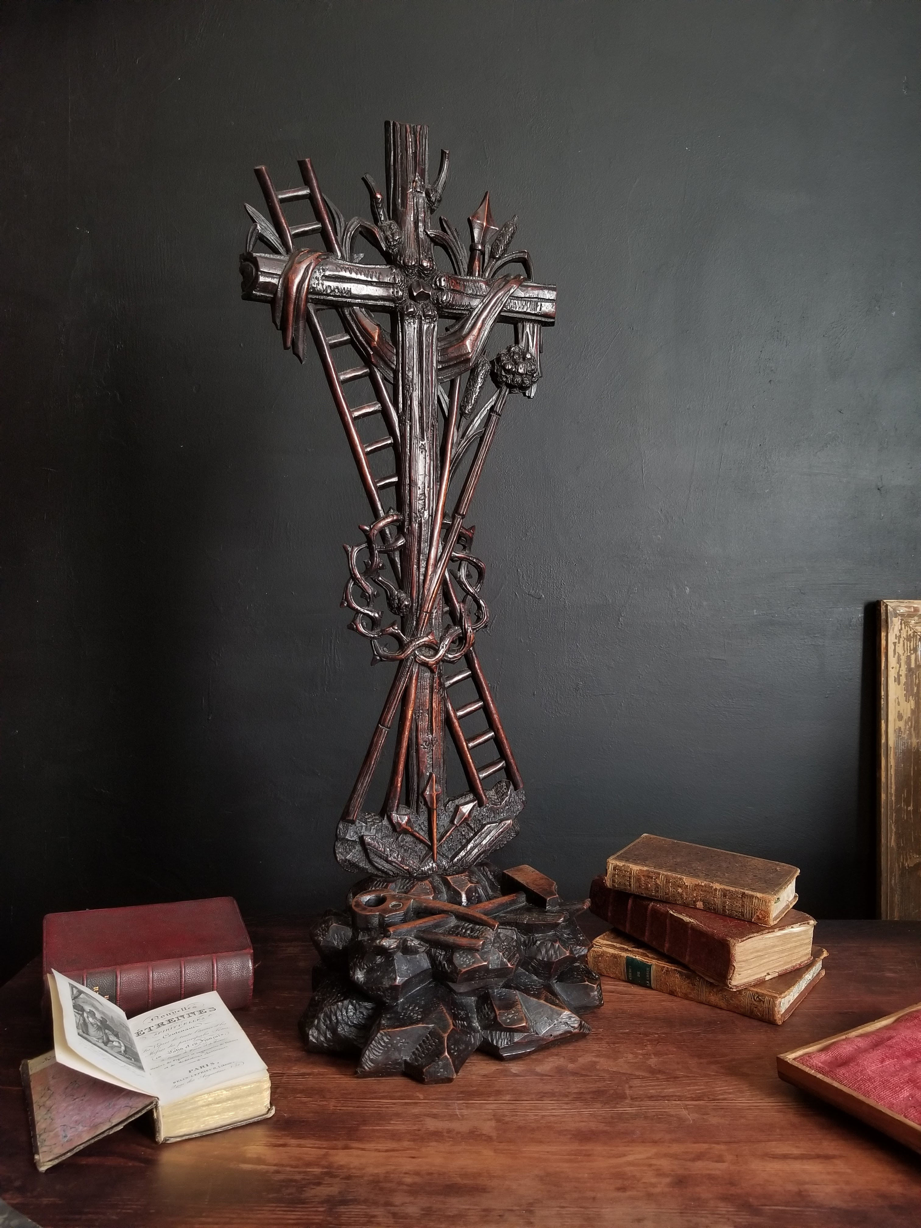 Large antique black forest carved wood altar crucifix with Arma Christi 26" tall