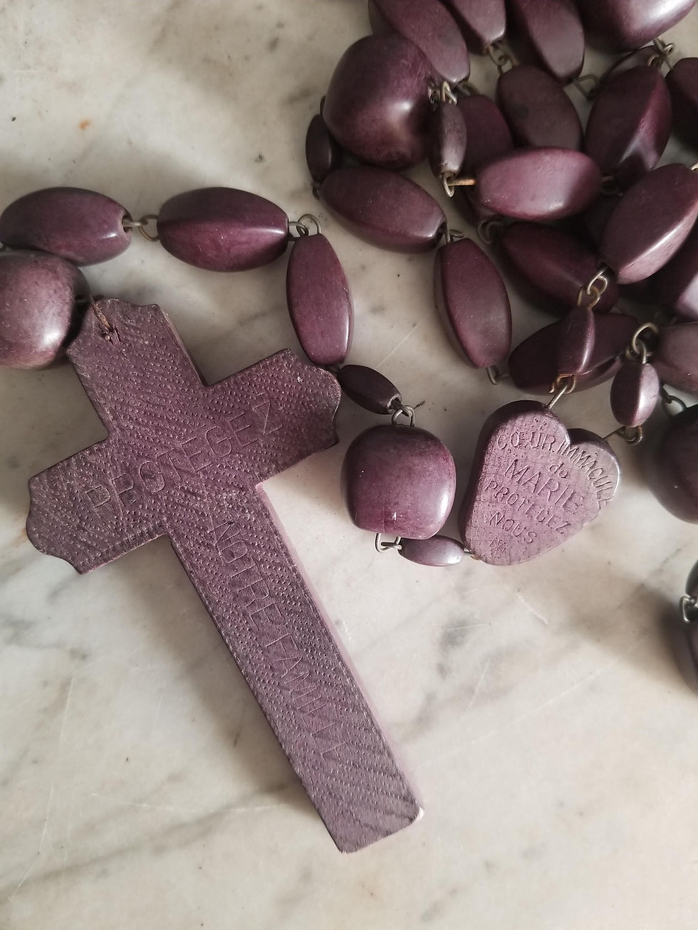 Thumbnail: Large antique French wood wall rosary, Lourdes souvenir