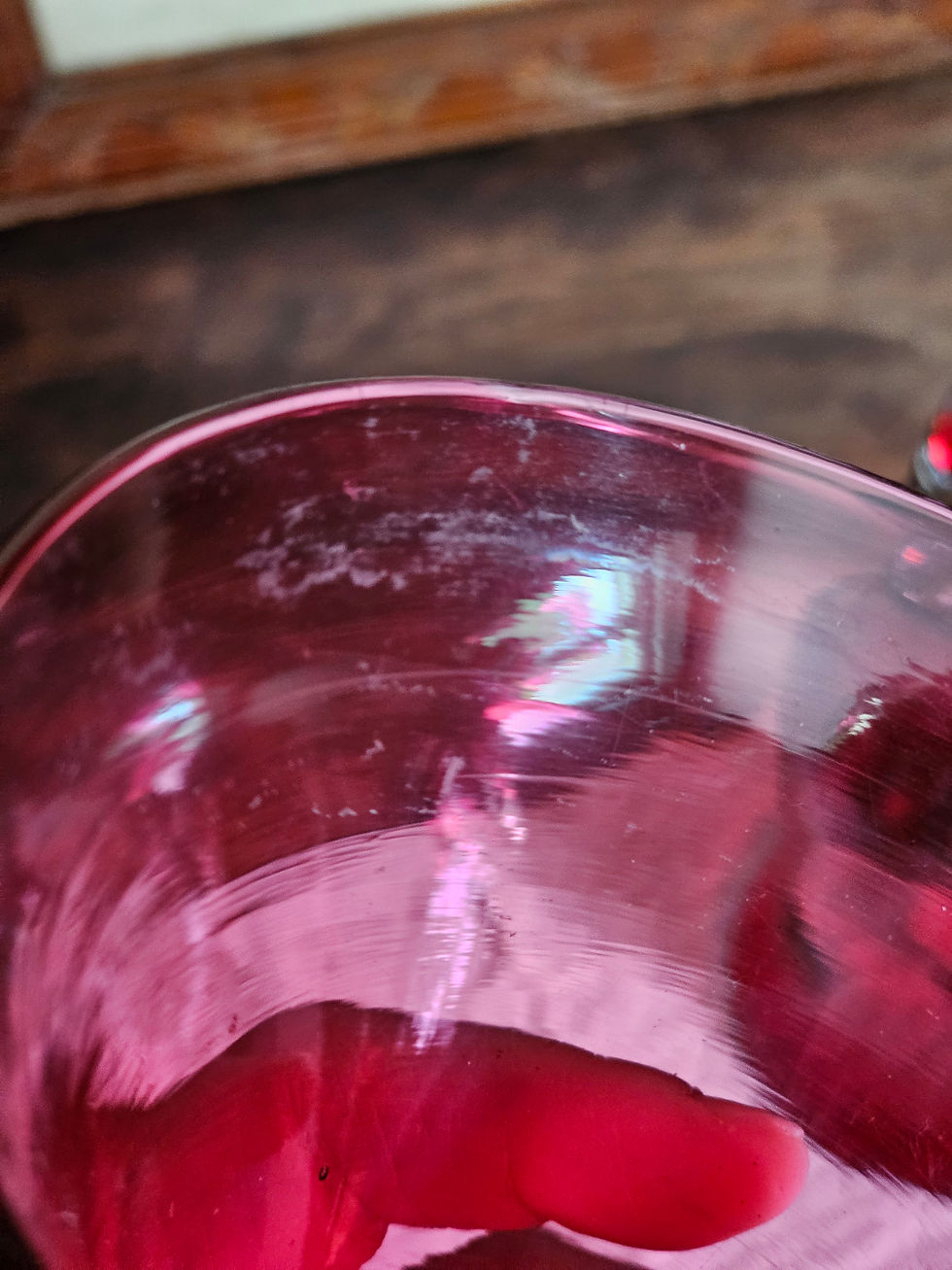 Thumbnail: French church sanctuary oil lamp in ruby pink glass with wrought iron holder
