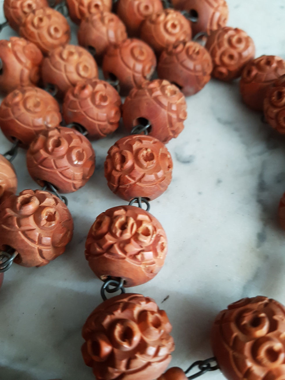 Miniature : large antique French carved wood wall rosary, Notre Dame de Laghet pilgrimage