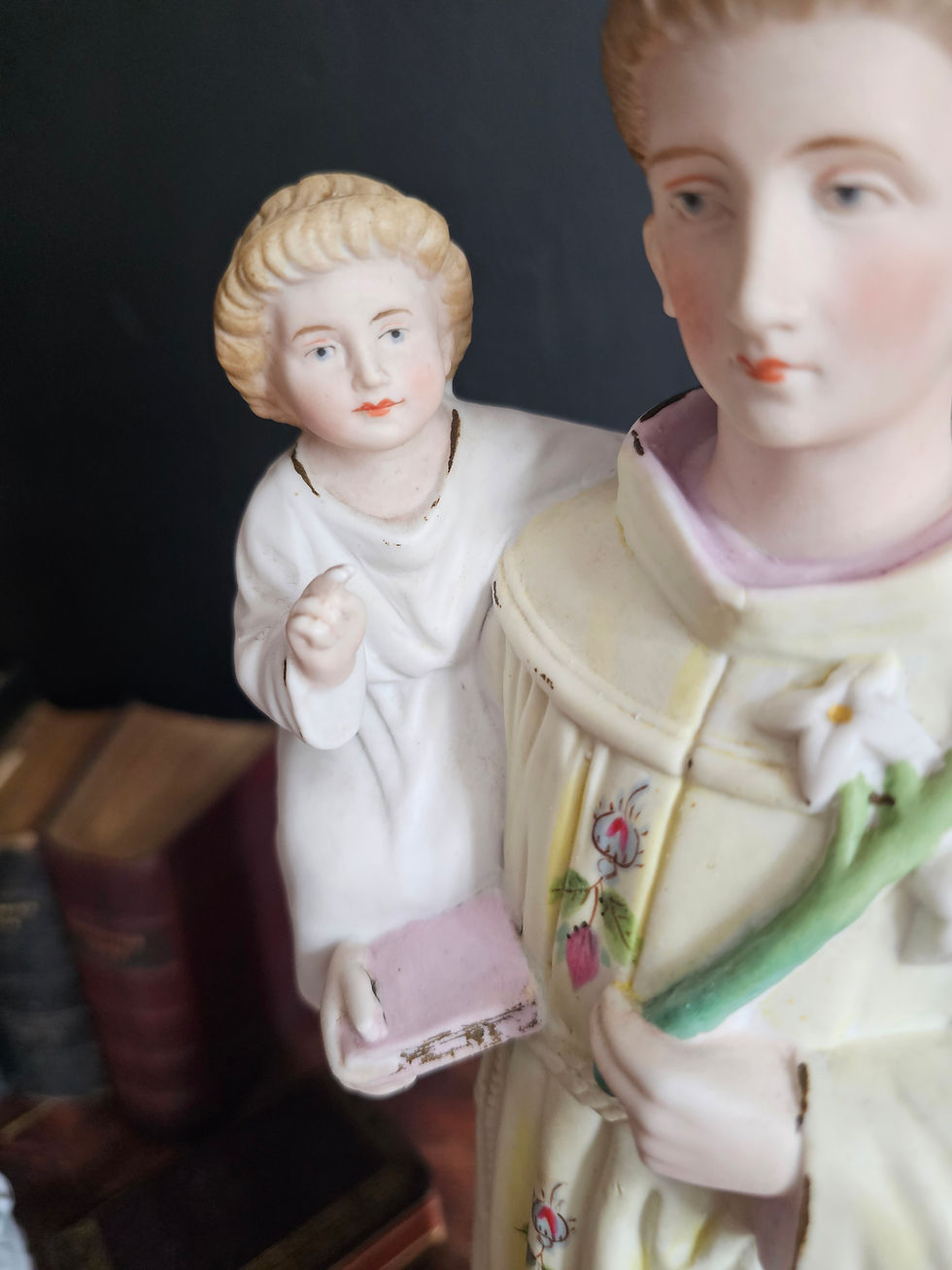 Thumbnail: Antique Holy Anthony of Padua with Infant Jesus painted bisque porcelain statue.