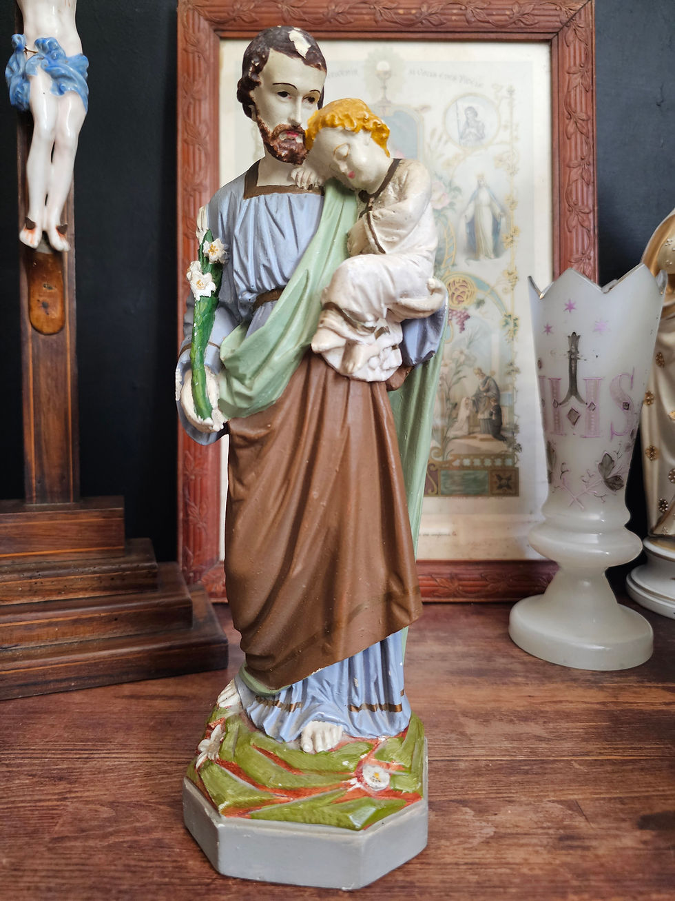 Thumbnail: French antique St Joseph holding the Infant Jesus polychrome plaster statue - Duffour, Paris