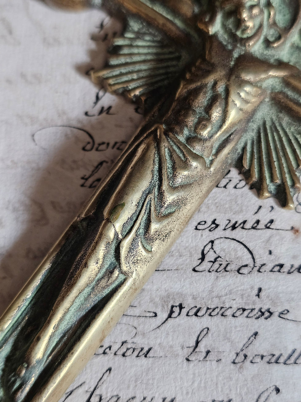 Thumbnail: Vintage French small patinated bronze wall crucifix signed by Max Le Verrier