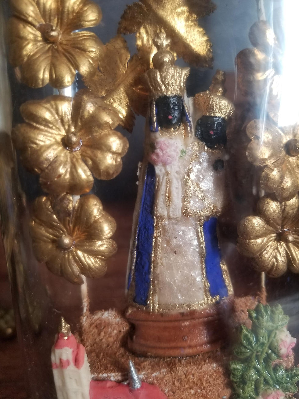 Thumbnail: Antique French black Madonna with Infant Jesus figurine under glass dome