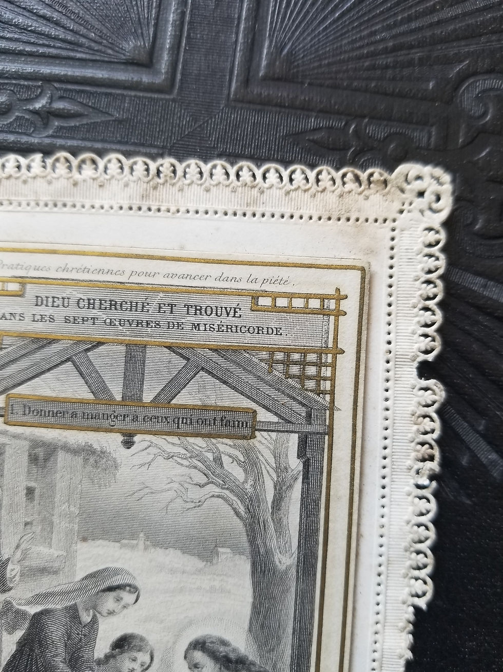 Miniature : Rare French antique prayer card. The seven works of mercy. Canivet lace cut