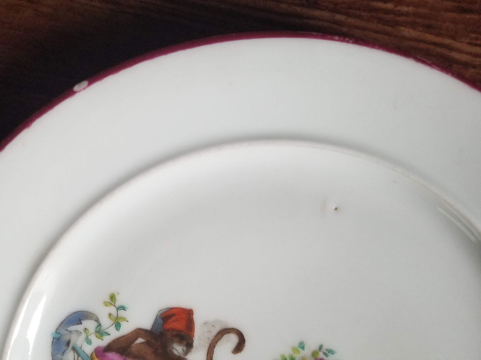 Miniature : Rare antique porcelain decorative plate Orientalist monkey 19th century singe savant
