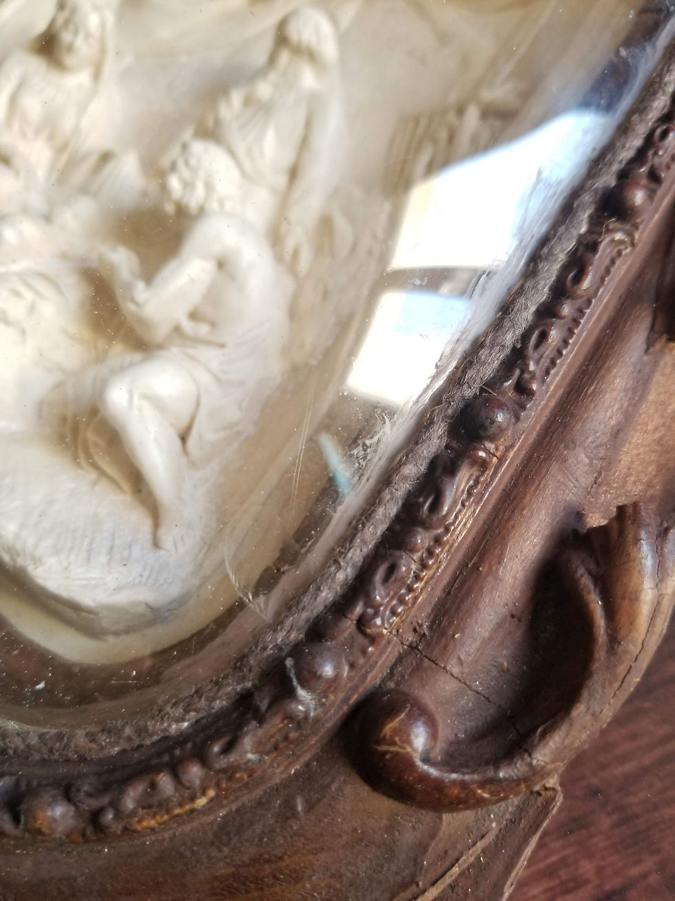 Thumbnail: Large Antique framed meerschaum of Nativity scene eye of God providence all seeing Holy water font shell