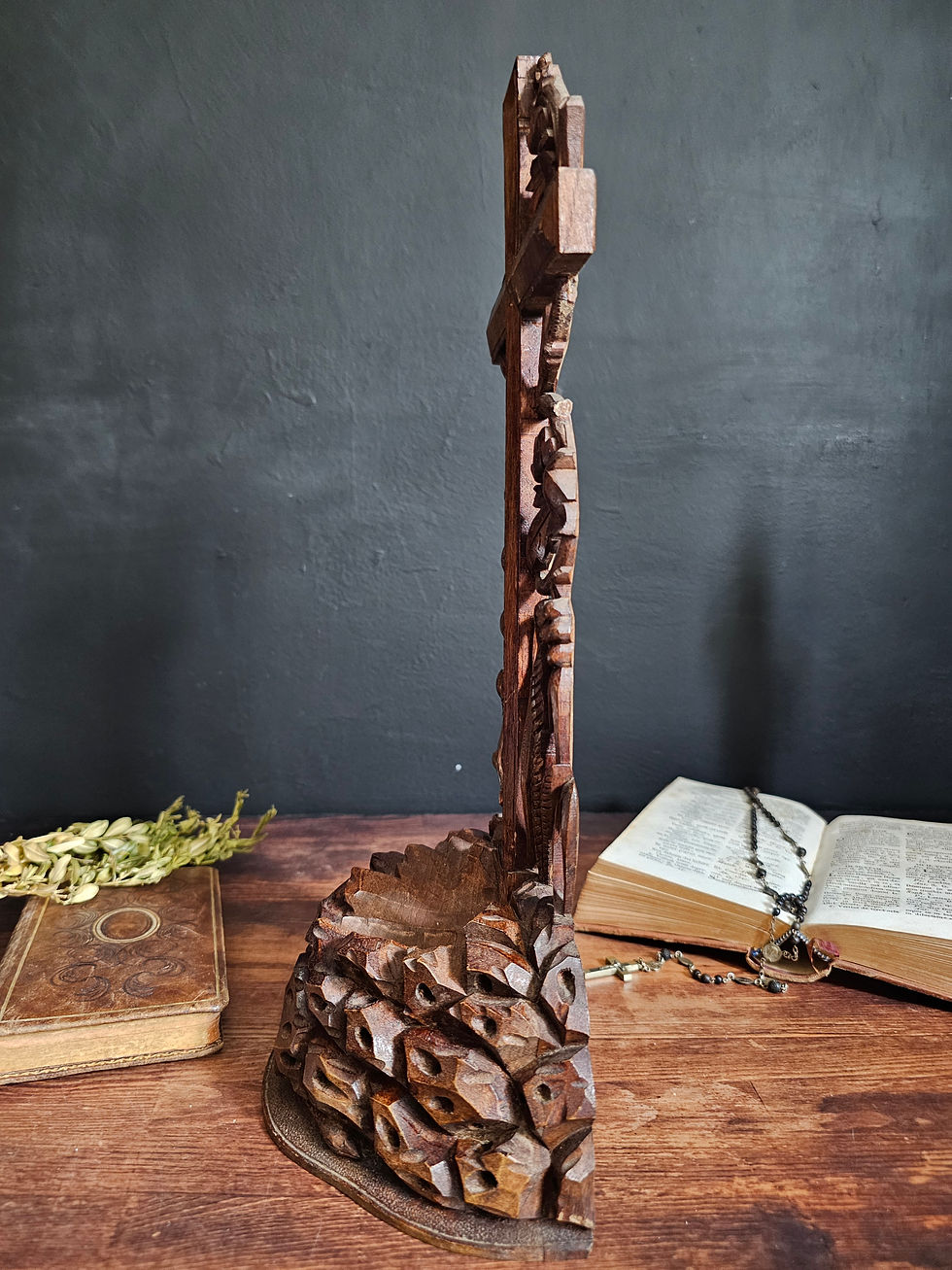 Thumbnail: Antique carved wood cross with vine leaves, grapes and serpent.