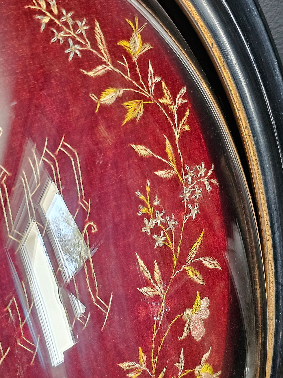 Thumbnail: French antique religious embroidery in large oval frame with convex glass