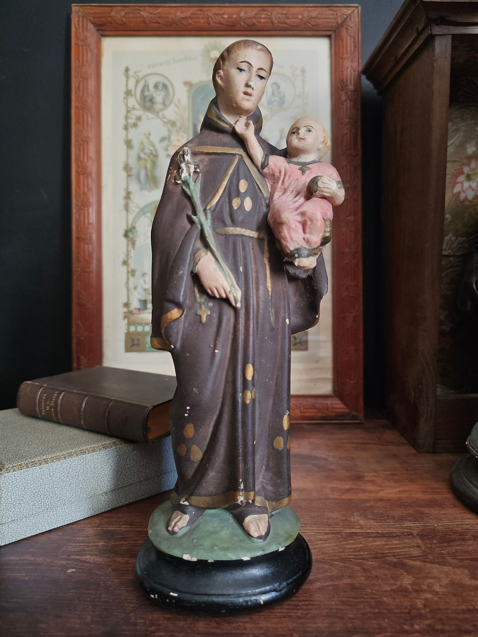 French antique St Anthony of Padua with Infant Jesus painted plaster statue.