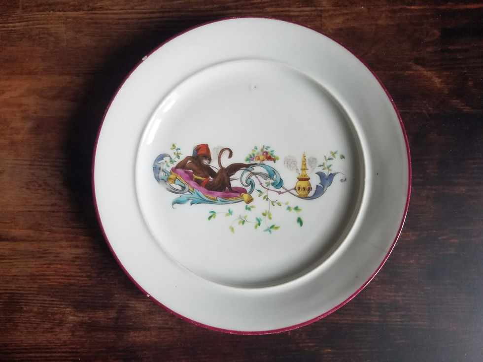 Rare antique porcelain decorative plate Orientalist monkey 19th century singe savant