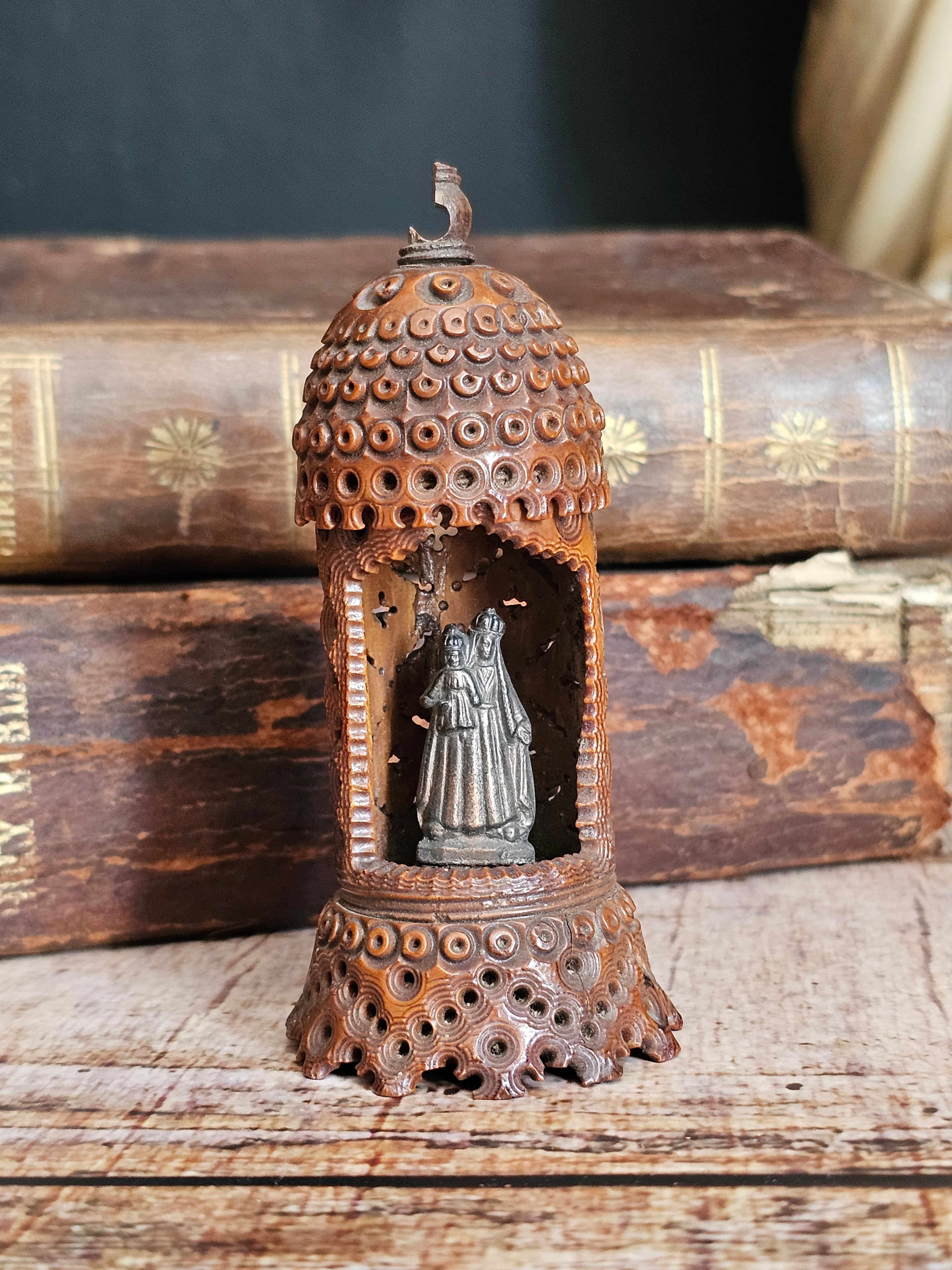 French antique carved corozo oratory or travel altar with Virgin Mary and Infant Jesus miniature figurine