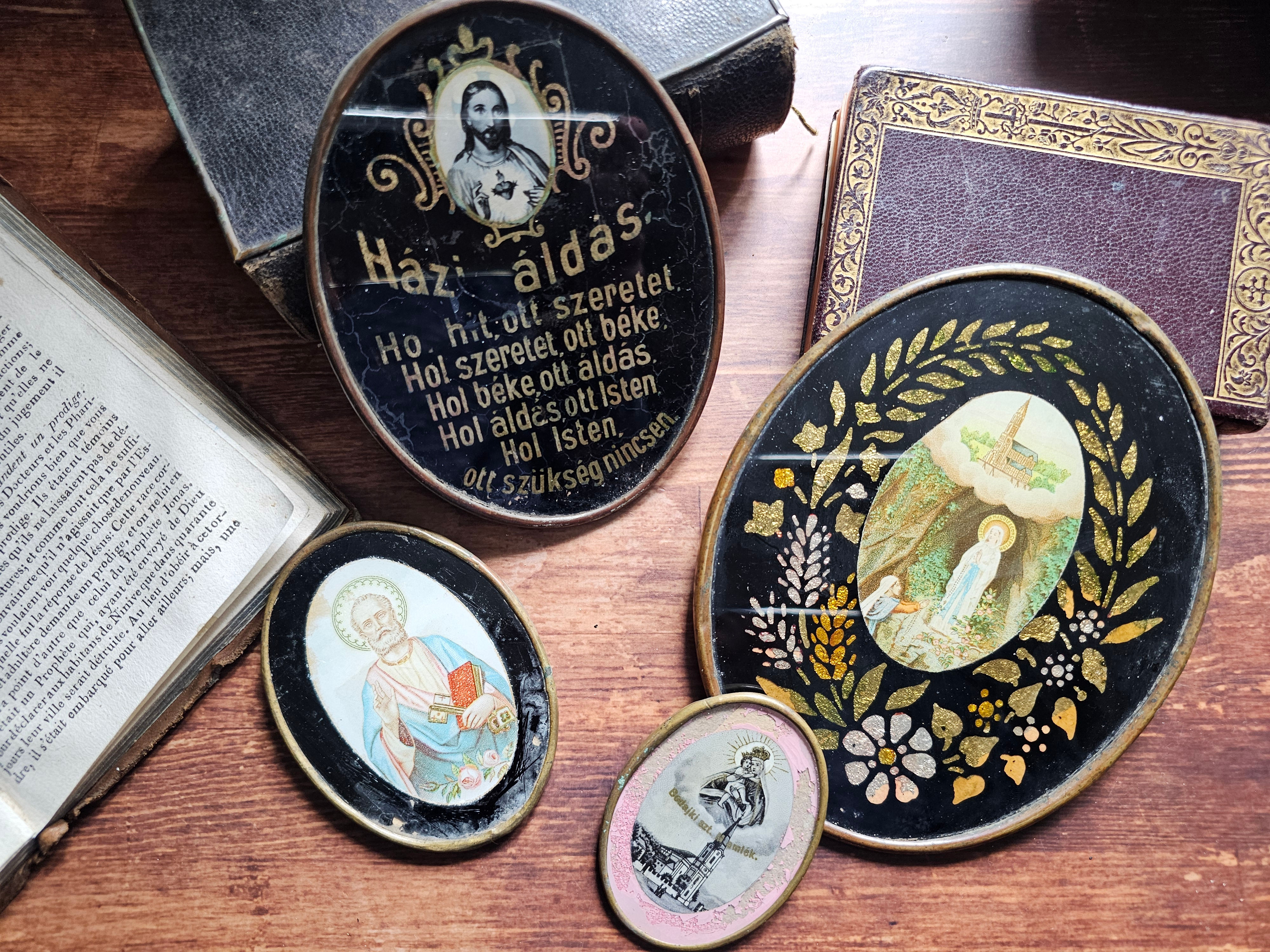 Set of 4 vintage religious frames from Hungary. St Peter, Our Lady of Lourdes