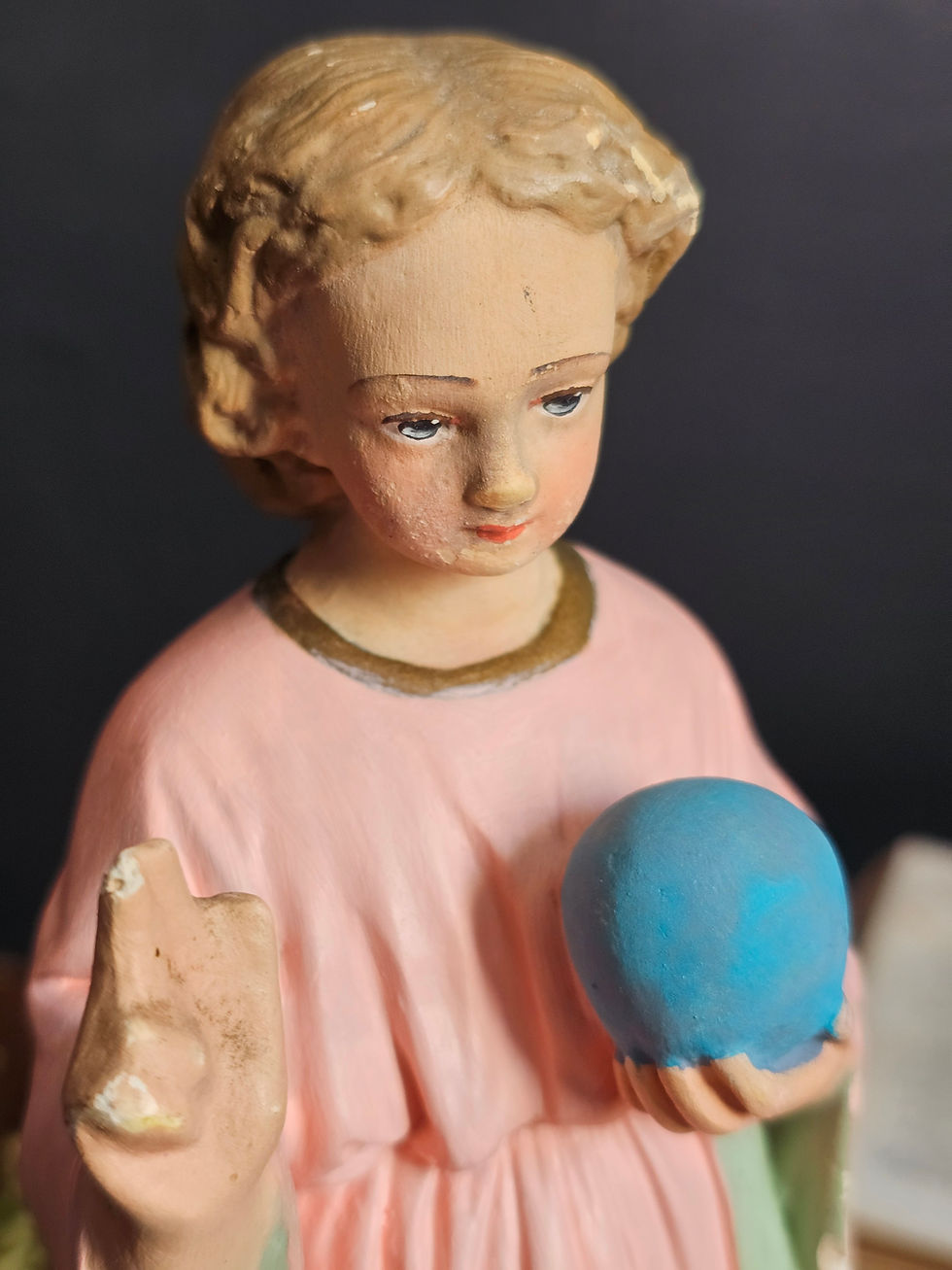Thumbnail: French antique Infant Jesus holding the orb polychrome plaster statue