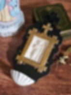 French antique Holy water font with Infant Jesus holding the Cross and crown of thorns.