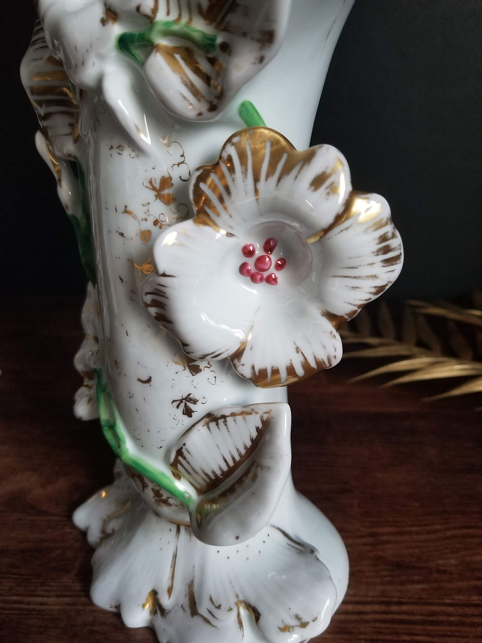 Thumbnail: French antique church wedding vase with large flowers gilt hand painted
