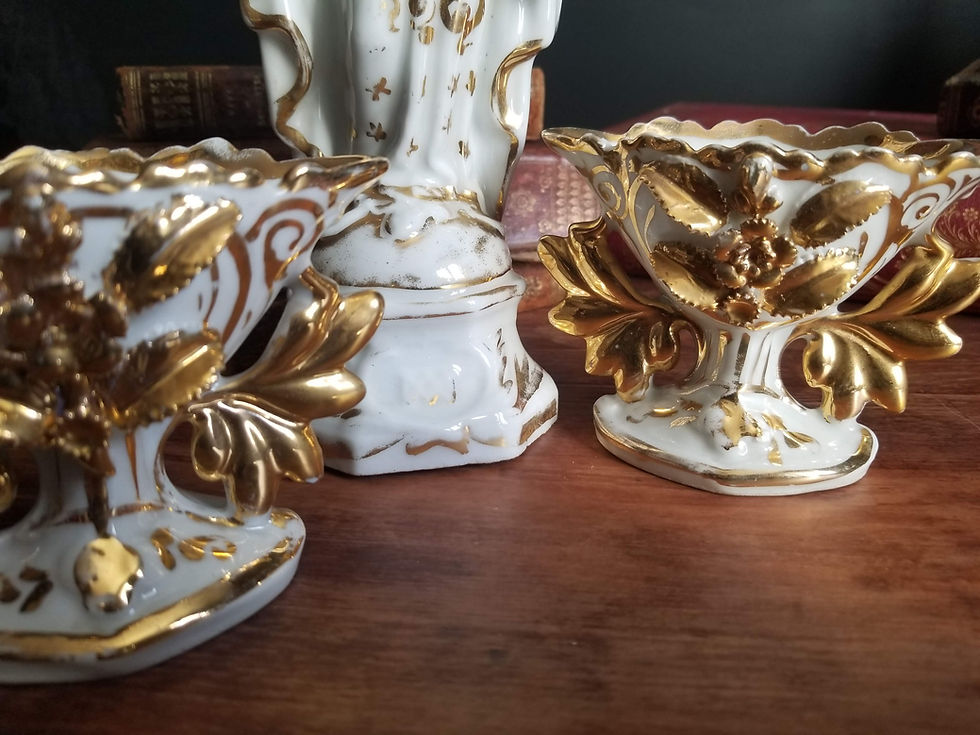 Miniature : Antique Virgin Mary porcelain statue and pair of church altar vases for weddings 19th century