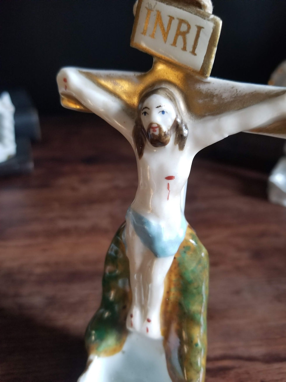 Miniature : Unsual French antique porcelain Holy water font with Jesus on the cross