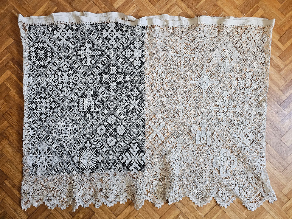 Thumbnail: Antique lace border panel for a priest's alb, IHS and cross motif