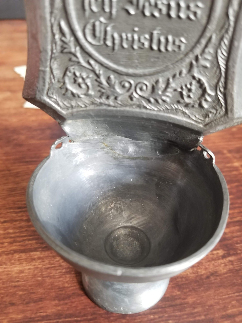Thumbnail: Antique pewter standing Holy water font from Germany, Jesus Christus