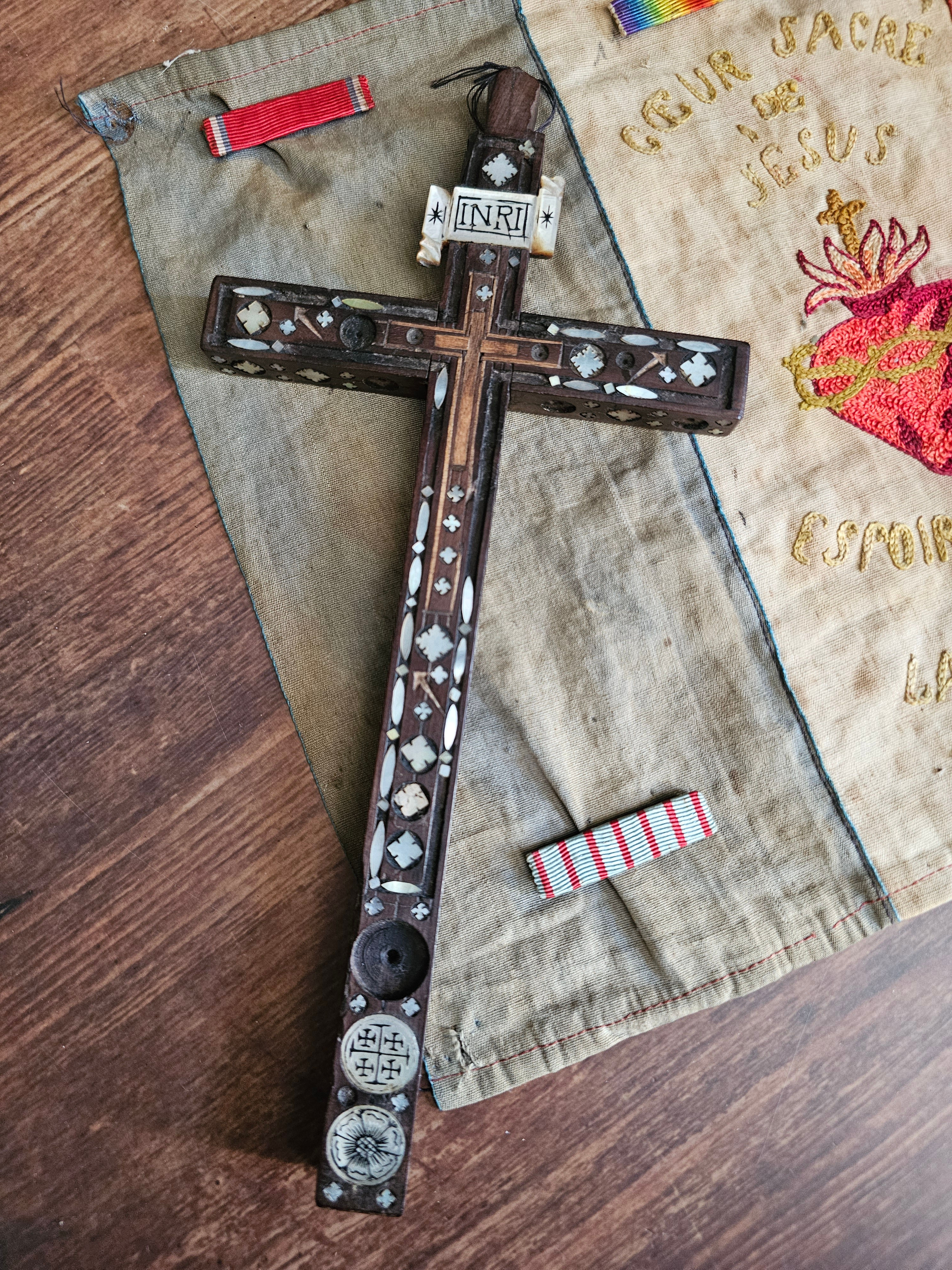 Antique wood cross with mother of pearl inlays, Jerusalem late 18th century