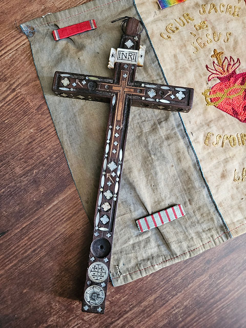 Antique wood cross with mother of pearl inlays, Jerusalem late