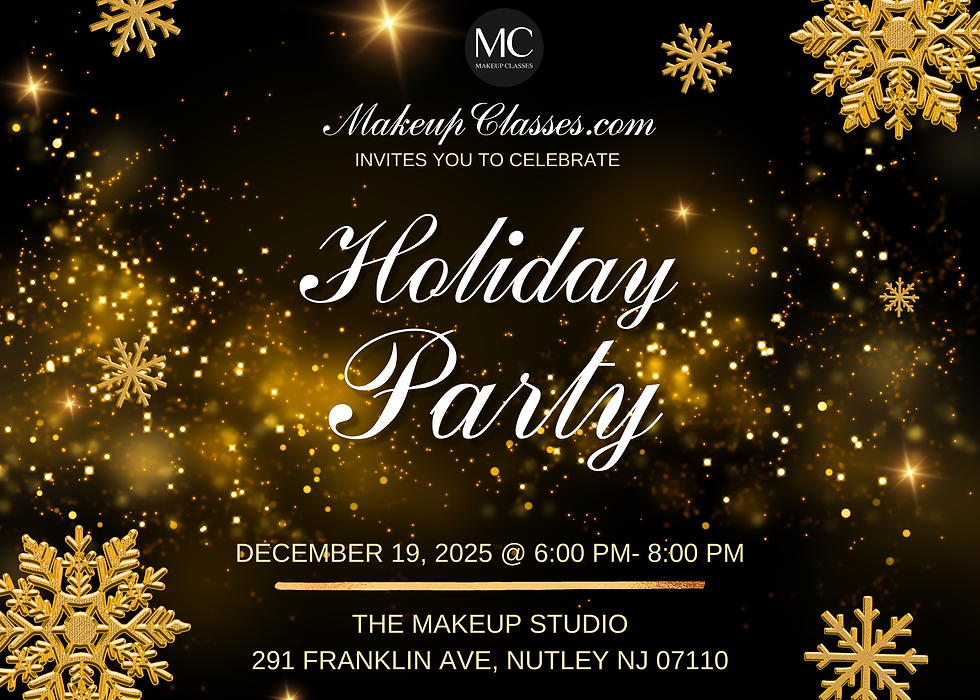 Festive holiday party invitation with gold snowflakes and sparkles. Text details event on December 19, 2025, at The Makeup Studio, NJ.