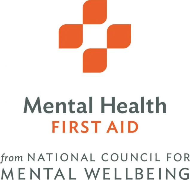 Mental Health First Aid logo. Orange and gray lettering and logo.