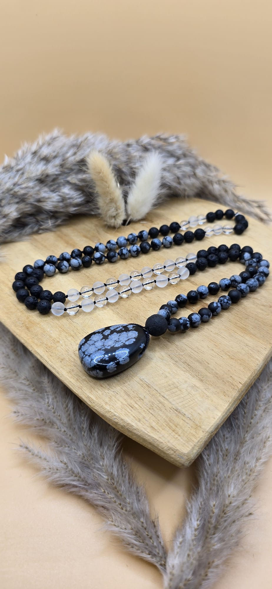 Miniaturbild: Mala "Kompass" Schneeflockenobsidian Bergkristall Lava Trommelstein