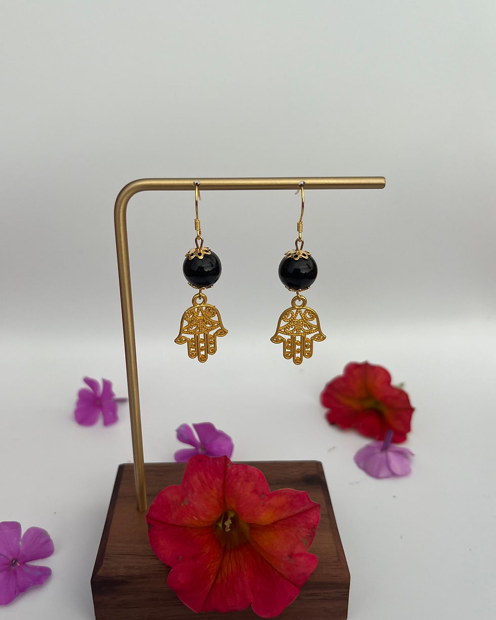 Miniaturbild: Ohrringe "Schutz" Schörl und Hamsa-Hand Anhänger