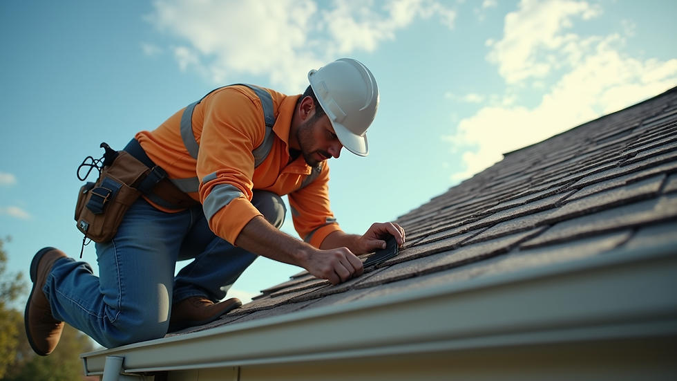 Eye-level view of a home inspector examining a roof