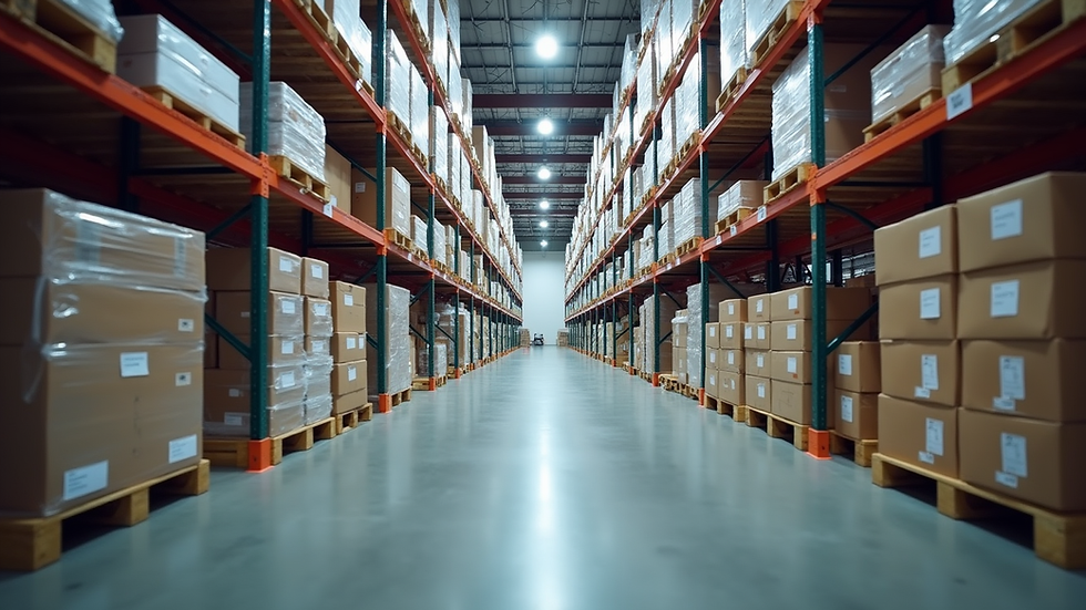 Eye-level view of temperature-controlled warehouse with organized pallets