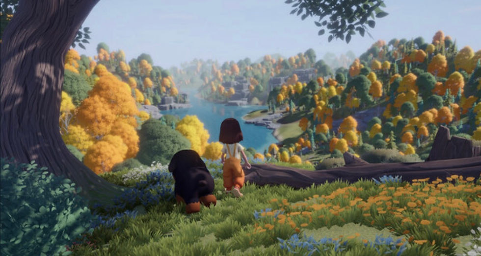 Character and dog companion overlooking a golden forest valley in Everdream Village, an upcoming cozy game full of friendship and farm life.