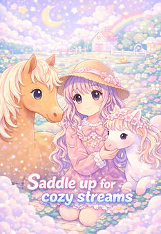 a cute pastel illustration of a girl with two horses in a dreamy meadow with stars