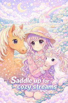 a cute pastel illustration of a girl with two horses in a dreamy meadow with stars