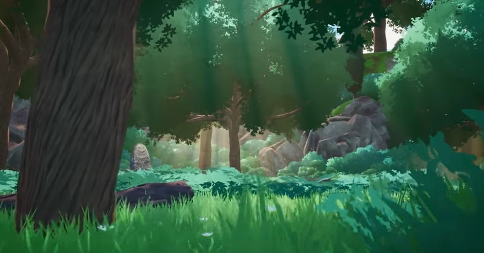 Forest path scene in Horse Tales: Emerald V alley Ranch-  a quiet, overgrown area reflecting the game's peaceful but sometimes empty atmosphere 